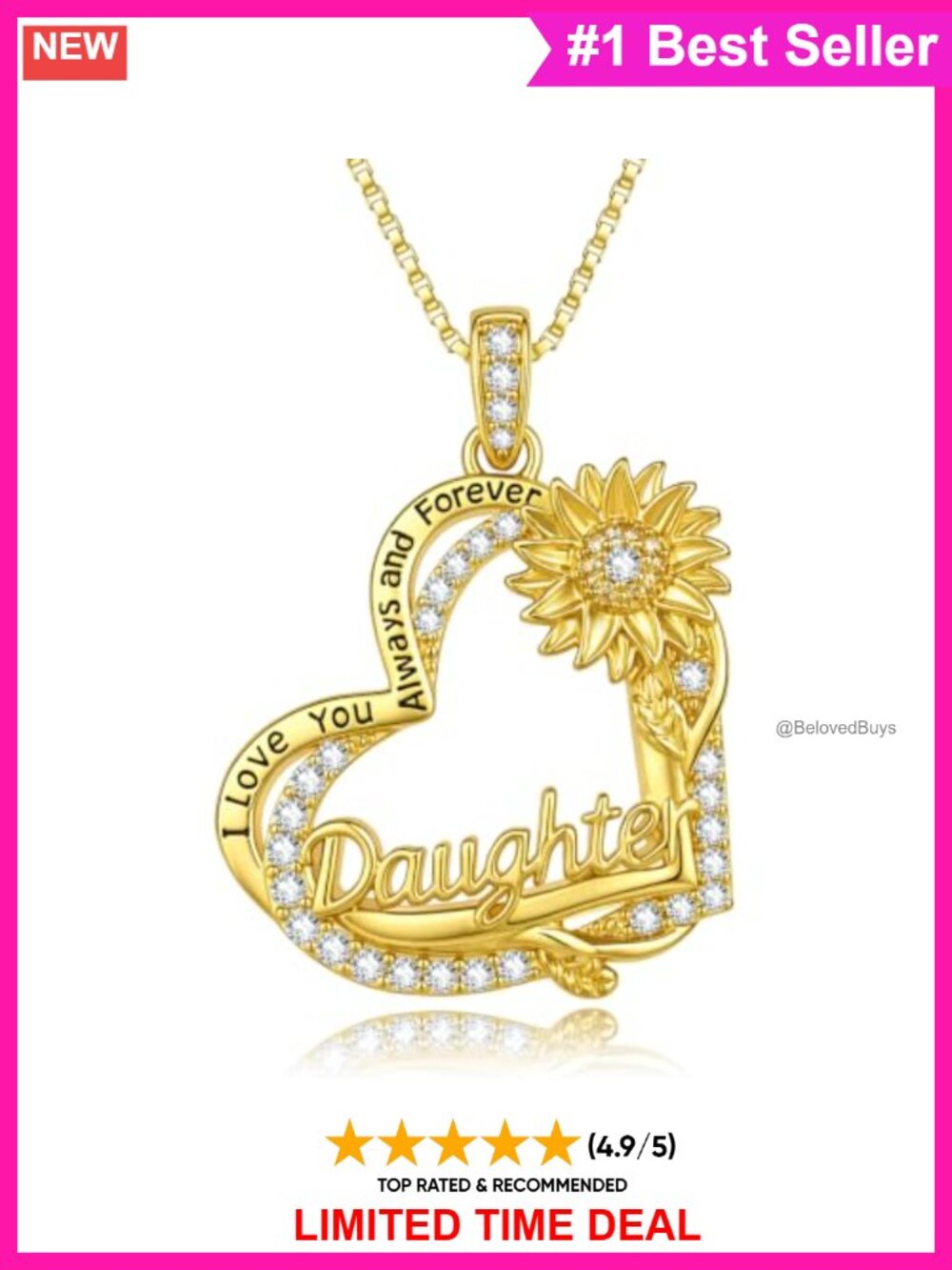 14K Gold Plated Sunflower Heart Pendant Necklace 18+2 Inch Women Jewelry